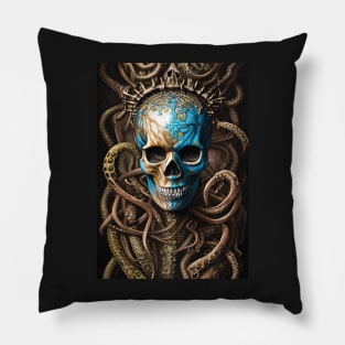 Blue and Gold Skull | Skull and Tentacles Artwork | Armored Skull | Dystopian Skull | Warrior Skull Pillow