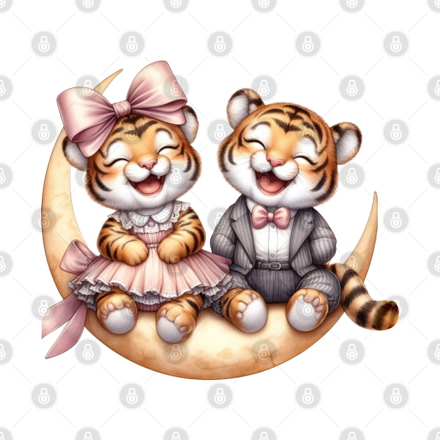 Valentine Happy Tiger Couple On Moon by Chromatic Fusion Studio