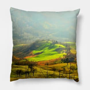 Hilly landscape partly covered with fog on a sunny day Pillow