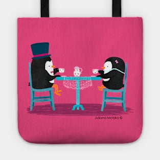 Two Penguins drinking tea on a date Tote