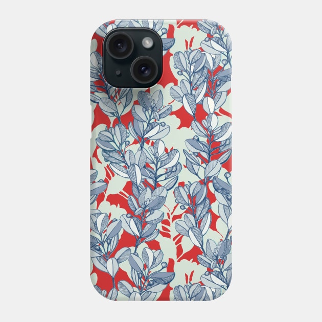 Leaf and Berry Sketch Pattern in Red and Blue Phone Case by micklyn