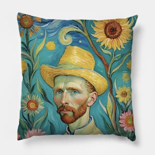 Starry Sunflower Reverie: Van Gogh Inspired Portrait Pillow