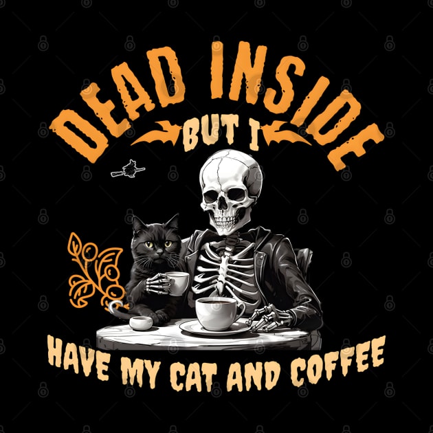 Halloween skeleton drinking coffee with a cat by VisionDesigner