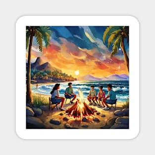 Vibrant Group of Friends sitting at Campfire in Sunset Magnet