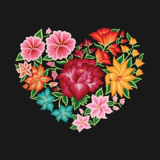 Mexican Embroidery Style Heart Design from Oaxaca, México (Black Background) T-Shirt