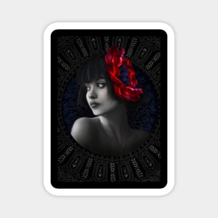 Black and white red flower girl portrait digital artwork Magnet