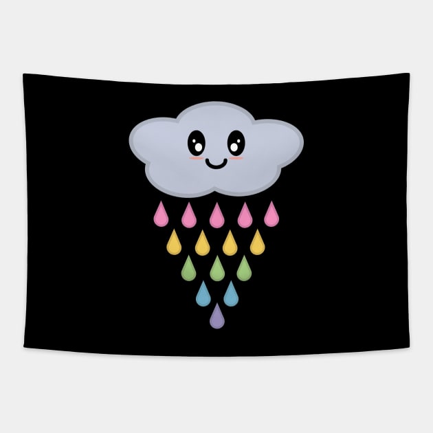 Kawaii Cute Raining Rainbow Rain Cloud in Black Tapestry by Kelly Gigi