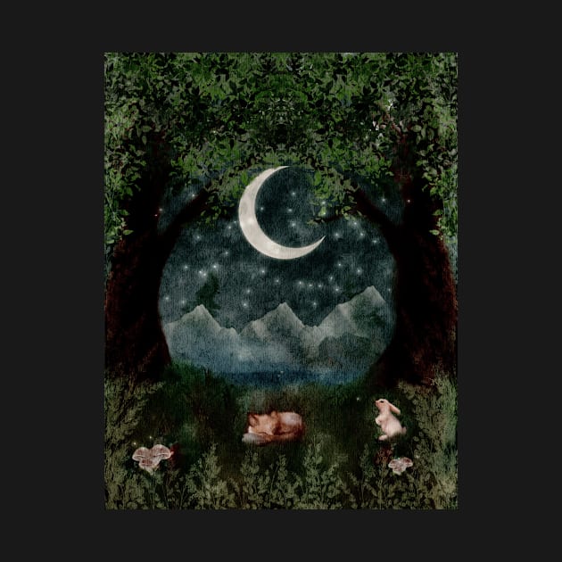 Enchanted Forest Oil Painting Mountains Mushrooms White Rabbit and Sleeping FOx by penandbea