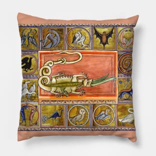 MEDIEVAL BESTIARY,CROCODILE EATING SEA SERPENT, MYTHICAL ANIMALS IN GOLD PINK BLUE COLORS Pillow