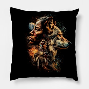 Native American Indian Woman & Coyote Spirit Animal Pillow