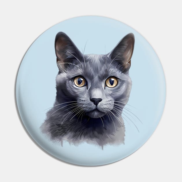 Russian Blue Cat portrait Pin by VelvetEasel