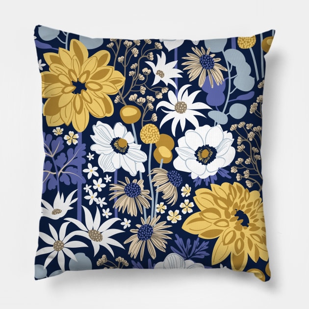 Boho garden // pattern // oxford navy blue background background very peri pastel blue yellow ivory and white flowers Pillow by SelmaCardoso