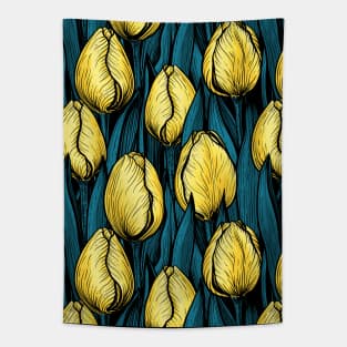 Yellow tulips with blue leaves Tapestry