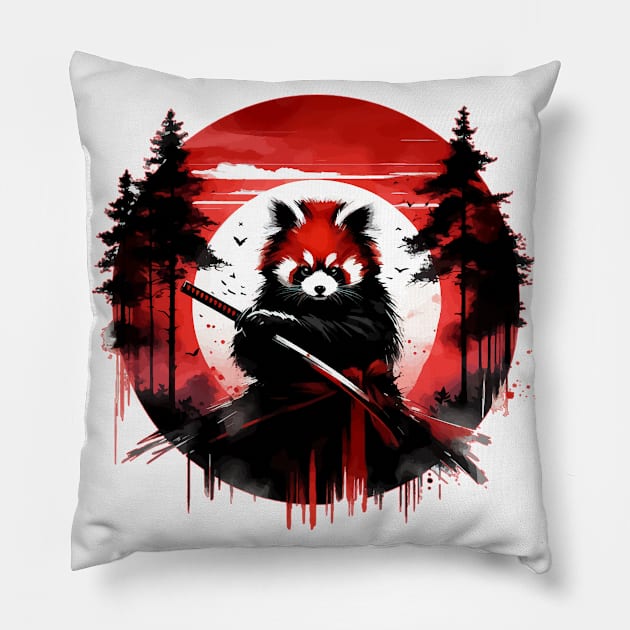 Sumie Red Panda Samurai Warrior In Forest Pillow by TomFrontierArt