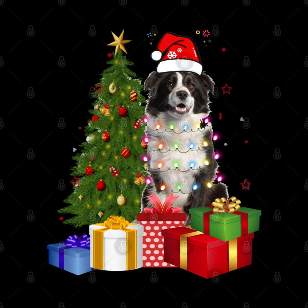 Border Collie Christmas Tree Santa Hat Funny Xmas Gift Dog T-Shirt by CoolTees