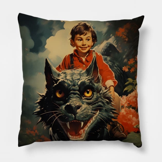 Country Boy Dreaming of Cat Dragons - Vintage Design Pillow by The Whimsical Homestead