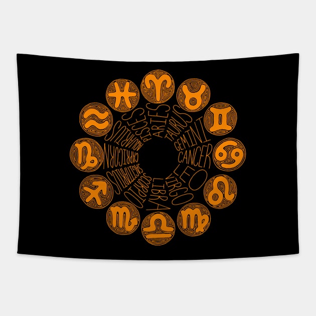 Zodiac Signs (orange) Tapestry by calenbundalas