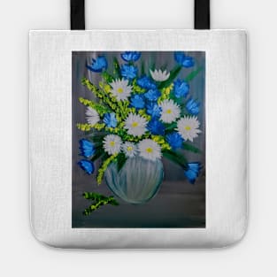 Mixed bouquet of flowers in a silver and turquoise vase Tote