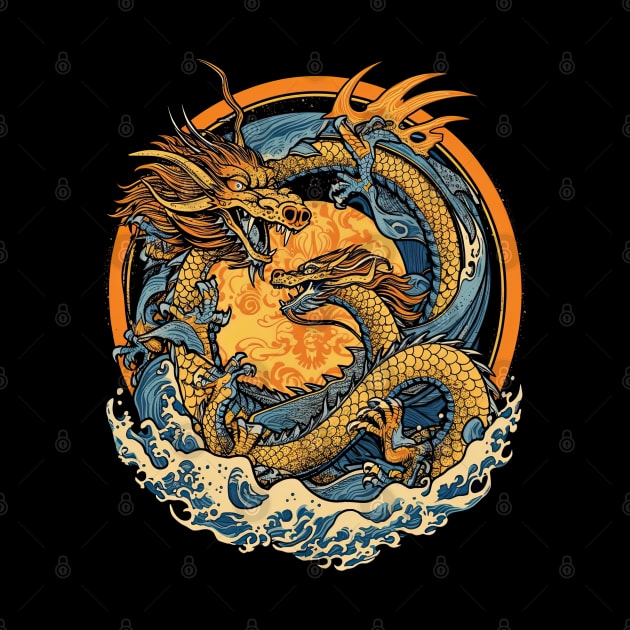 Vintage Japanese Dragon Sun Tattoo Design by laverdeden