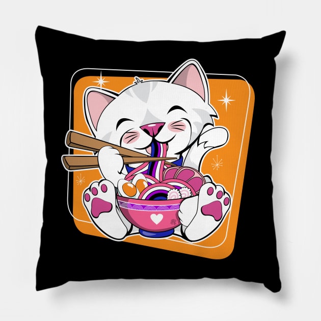 Cat Eating Ramen Gender Fluid Pride Pillow by CuddleswithCatsArt