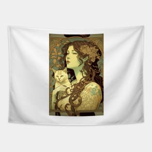 Woman holding Cat - Art Nouveau Style Tapestry