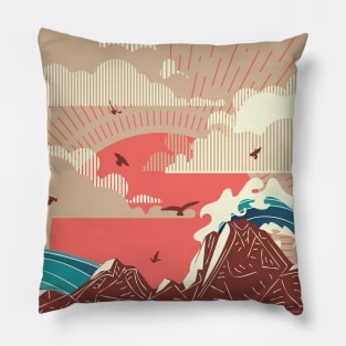 Big sea waves sunset Pillow