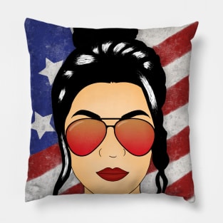 Messy Bun with American Flag in Background Pillow