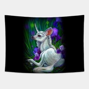 Baby unicorn in irises Tapestry