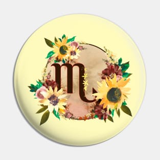 Scorpio Zodiac Horoscope Maroon and Sunflower Floral Monogram Pin