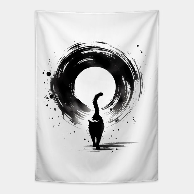 Sumie Enso Circle Japanese Brushstroke Black Cat Tapestry by TomFrontierArt
