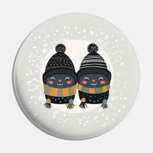 Vector Illustration - Christmas Scene with Two Cute and Funny Kittens in Patterned Hats and Scarves on a Snowy Background. Pin