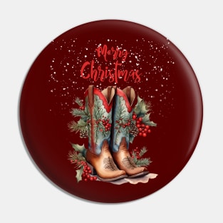 Merry Christmas, Christmas gifts and cowgirl boots, mistletoe branches, hawthorn and pine branches with pine cones Pin