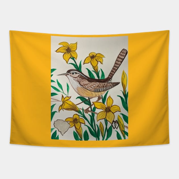 South Carolina state bird and flower, the Carolina wren and yellow jessamine Tapestry by Matt Starr Fine Art