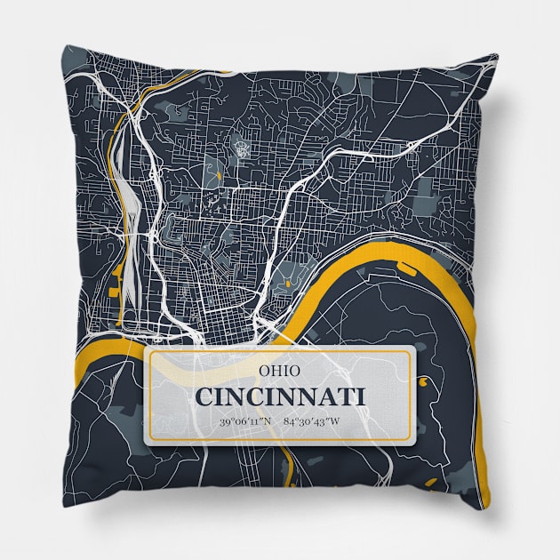 Cincinnati, Ohio City Map with GPS Coordinates Pillow by danydesign