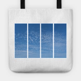 Cirrocumulus clouds in blue sky on sunny peaceful spring day. Water in a gaseous state in nature. The atmosphere of the earth. The effect of humidity on agricultural production. The symbol of freedom. Tote