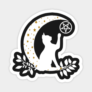 Wicca Crescent Moon Cat Pentacle And Gold Stars Magnet