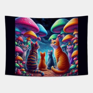 Psychodelic colorful cats with mashrooms Tapestry