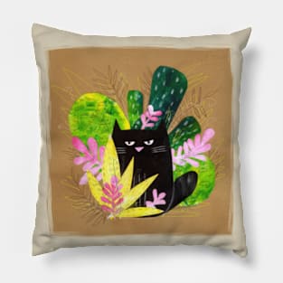 Beautiful black cat sits on a background of flowers, grass, plants. Pillow