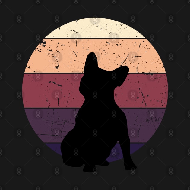 Silhouette of cute french bulldog sitting with dark colored sunset, vintage style, frenchie mon, frenchie dad, frenchie on vintage sunset by Collagedream