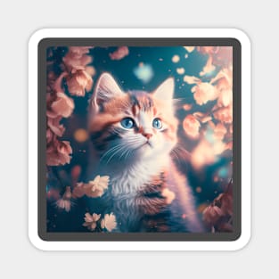 Cute Cat Blue Eyes Floral Background | White, brown and grey cat with blue eyes | Digital art Sticker Magnet