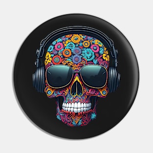 Funny Sugar Candy Skull With Headphones and Sun Glasses Pin