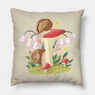 Cute snails on mashroom drawing Pillow