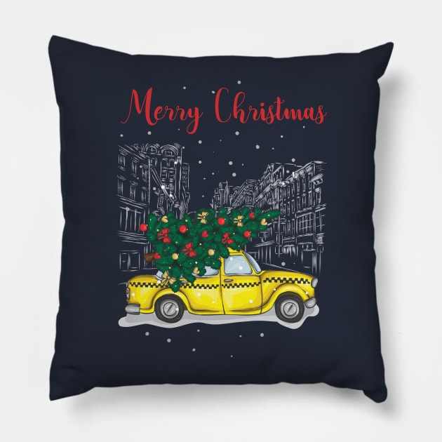 Christmas tree and gifts in a yellow car! - Happy Christmas and a happy new year! - Available in stickers, clothing, etc Pillow by Crazy Collective