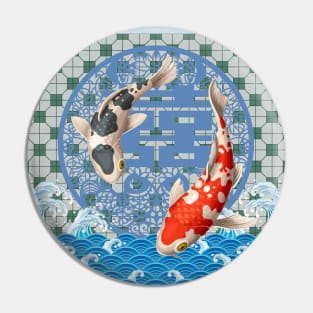 Double Happiness Koi Fish Dancing in the Ocean with Green Tile Floor Pattern Pin