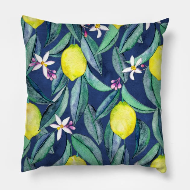 When Life Gives You Lemons - watercolor lemons on dark blue Pillow by micklyn