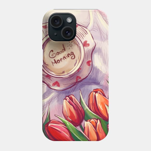 Illustration artwork with coffee red tulips flowers Phone Case by Elishas art original 