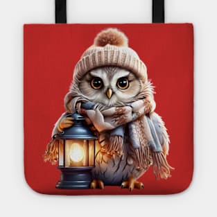 Winter Whimsy: Adorable Owl in Hat and Scarf Holding Lantern Tote