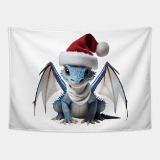 Cute Blue Baby Dragon Wearing a Red Festive Christmas Hat Tapestry