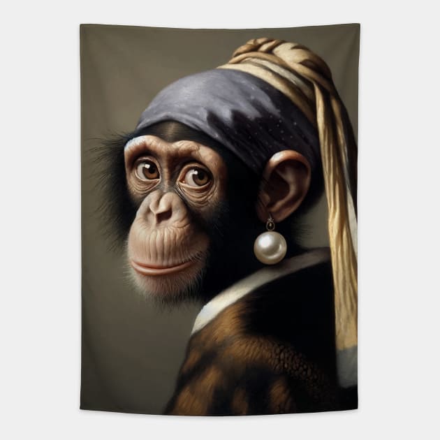 Wildlife Conservation - Pearl Earring Chimpanzee Meme Tapestry by Edd Paint Something