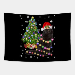 Black Cat christmas light tshirt funny cat lover christmas Tapestry